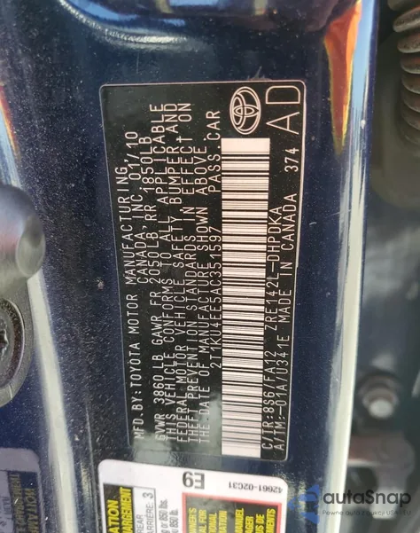 2010 Toyota Corolla Matrix z USA, uszkodzony, nr VIN 2T1KU4EE5AC351597